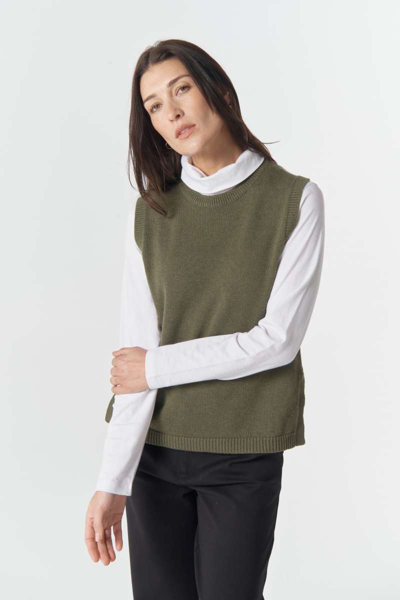 View Goondiwindi Amber Merino Cotton Knit Vest - Covert Green